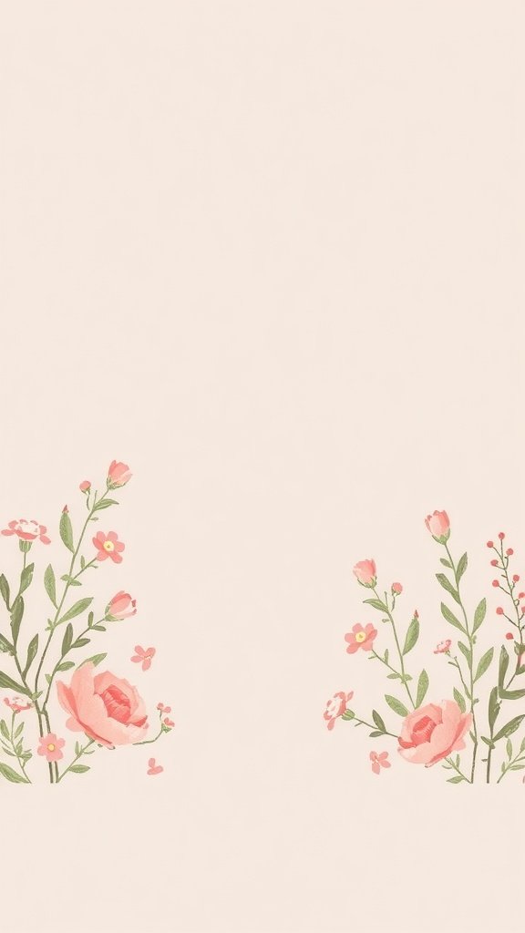 A soft floral wallpaper with pink roses and delicate flowers on a light background.