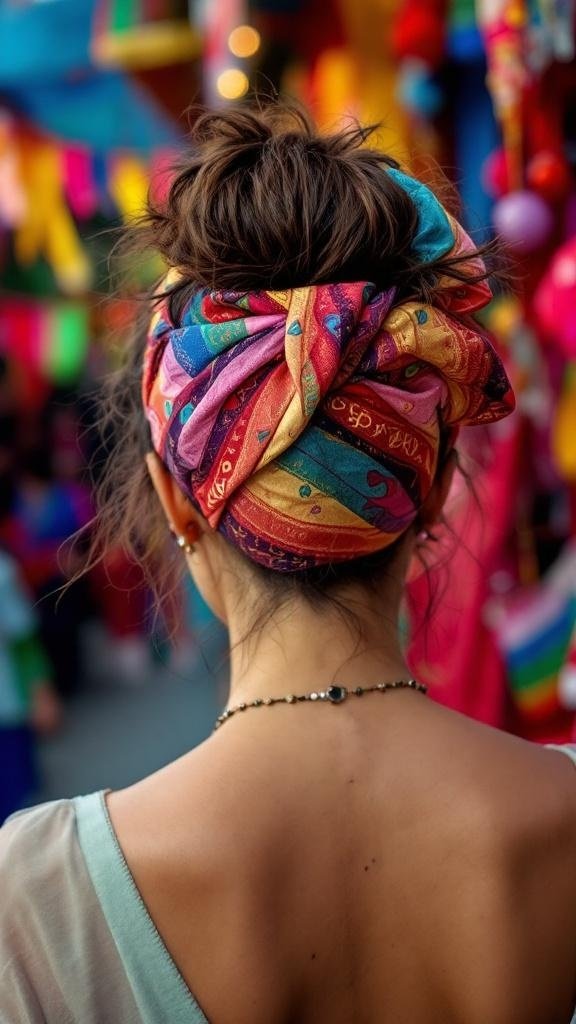 A woman with a messy bun adorned with a colorful hair wrap, showcasing a stylish festival hairstyle.