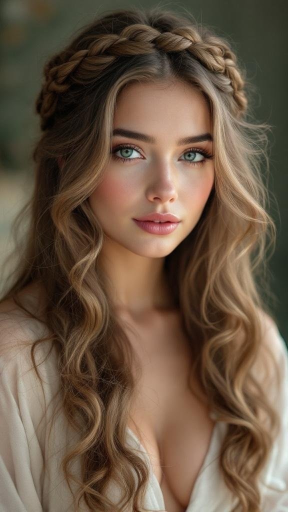 A woman with long hair styled in a braided crown, showcasing soft curls.