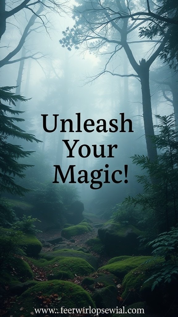 A misty forest scene with the text 'Unleash Your Magic!'
