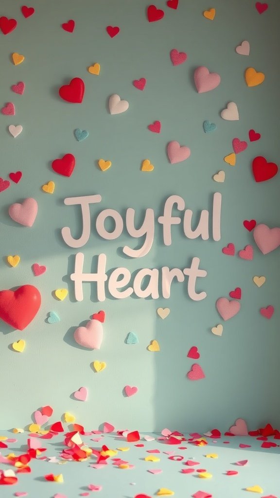 Colorful hearts on a wall with the words 'Joyful Heart'