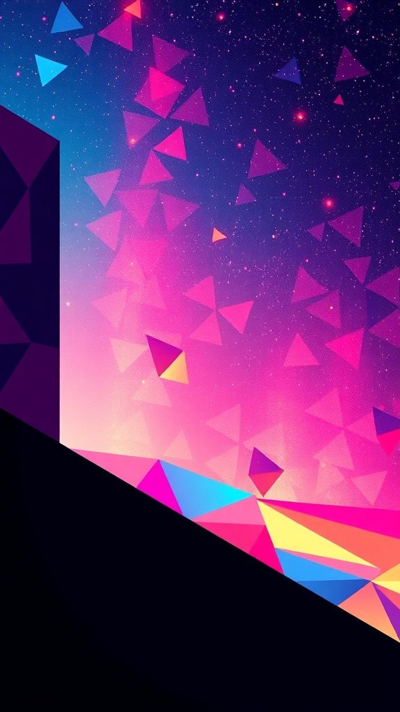 A colorful abstract wallpaper featuring geometric shapes and a starry background.