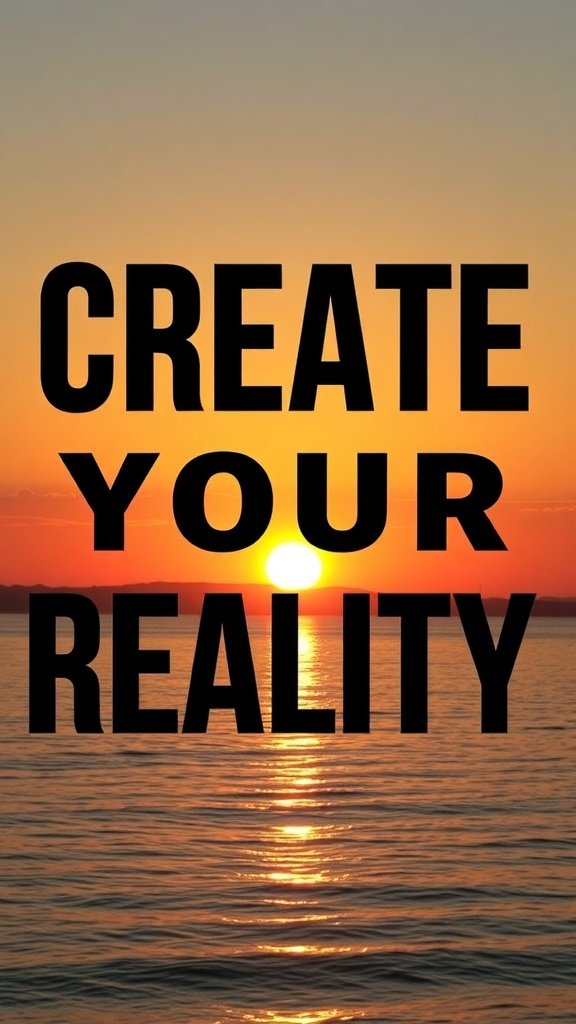 A sunset over the ocean with the text 'CREATE YOUR REALITY' in bold letters.