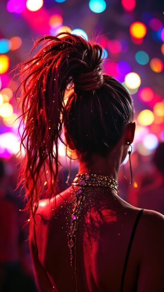 A woman with a high ponytail adorned with glitter at the roots, set against a colorful festival backdrop.