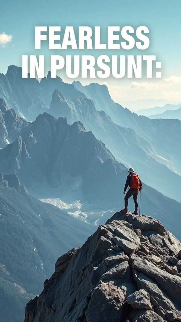 A climber standing on a mountain peak, symbolizing fearlessness in pursuit of goals.