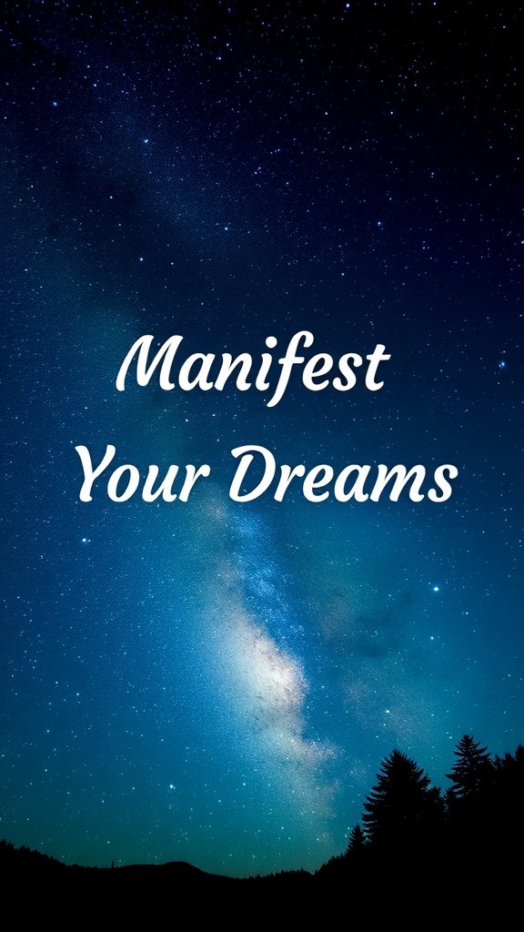 A starry night sky with the text 'Manifest Your Dreams' in elegant font.