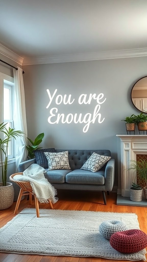 A cozy living room with the phrase 'You are Enough' on the wall, featuring a comfortable couch and plants.