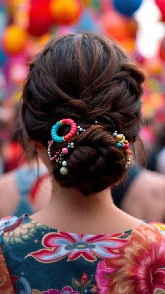 A woman with a twisted low bun decorated with colorful accessories, set against a vibrant festival backdrop.