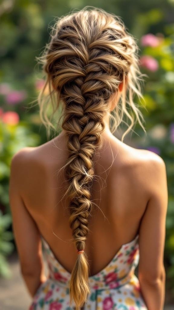 A woman with a cascading waterfall braid hairstyle, showcasing long hair.
