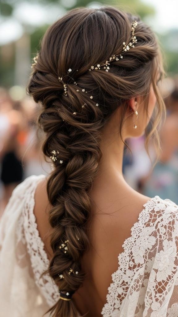 A woman with a lace braid hairstyle adorned with small flowers, showcasing a beautiful festival look.