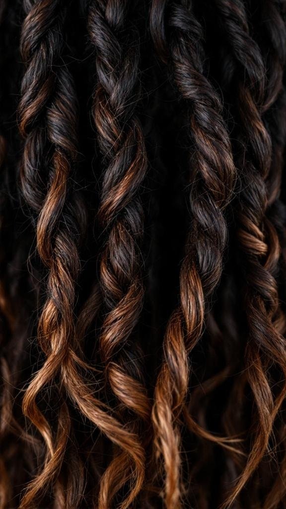 Close-up of twisted Bantu knots in long hair