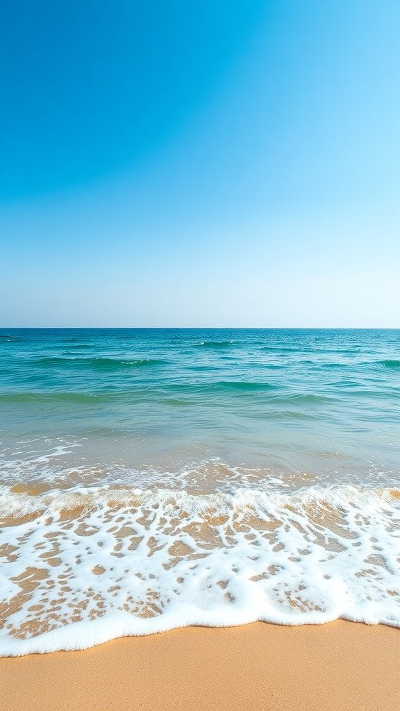 Calming beach view with gentle waves and clear blue sky.