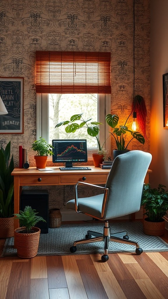 A cozy home office with a wooden desk, plants, and warm lighting.