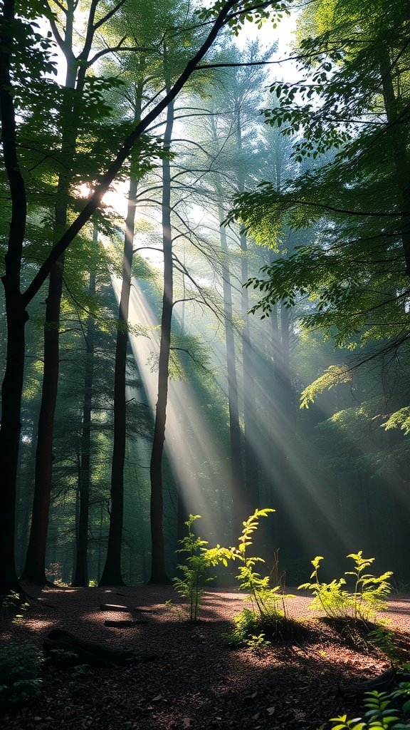 A serene forest scene with sunlight filtering through trees.