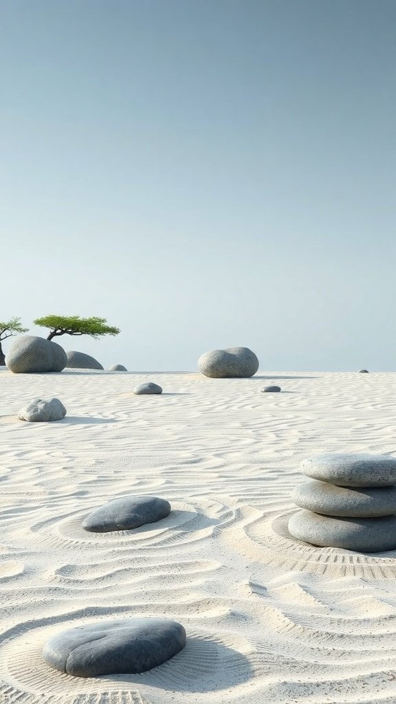 A serene zen garden with smooth stones and a minimalist design.