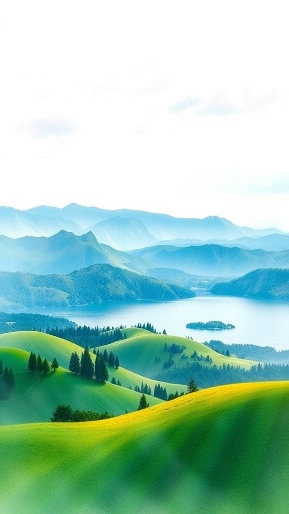 A serene watercolor landscape featuring rolling green hills and a tranquil lake.