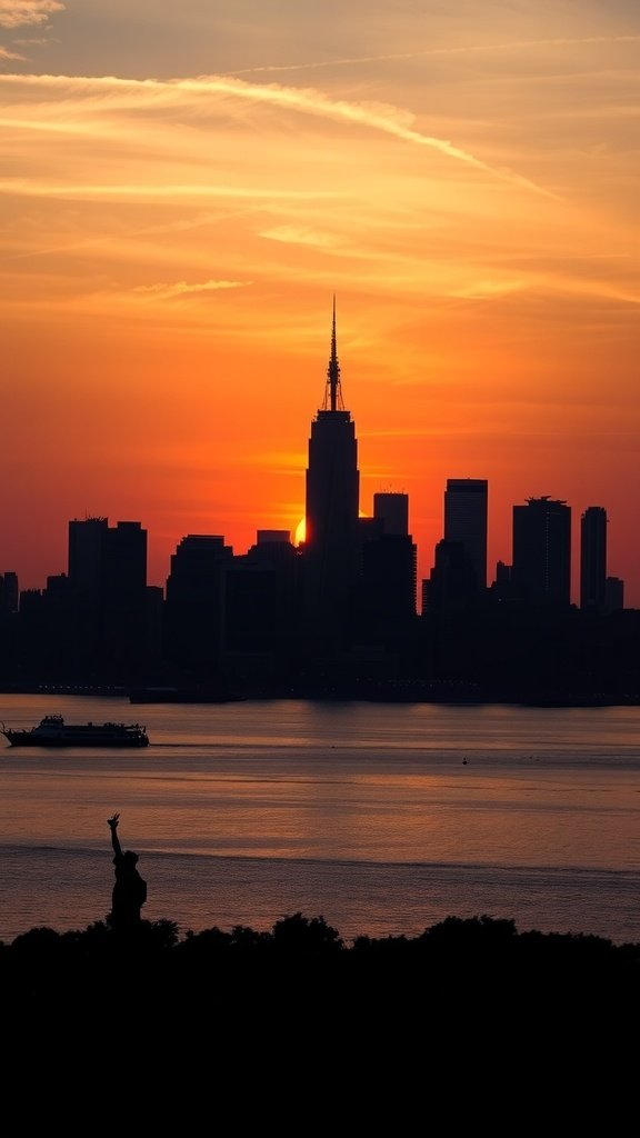 Silhouette of a city skyline at sunset with the Statue of Liberty in the foreground.