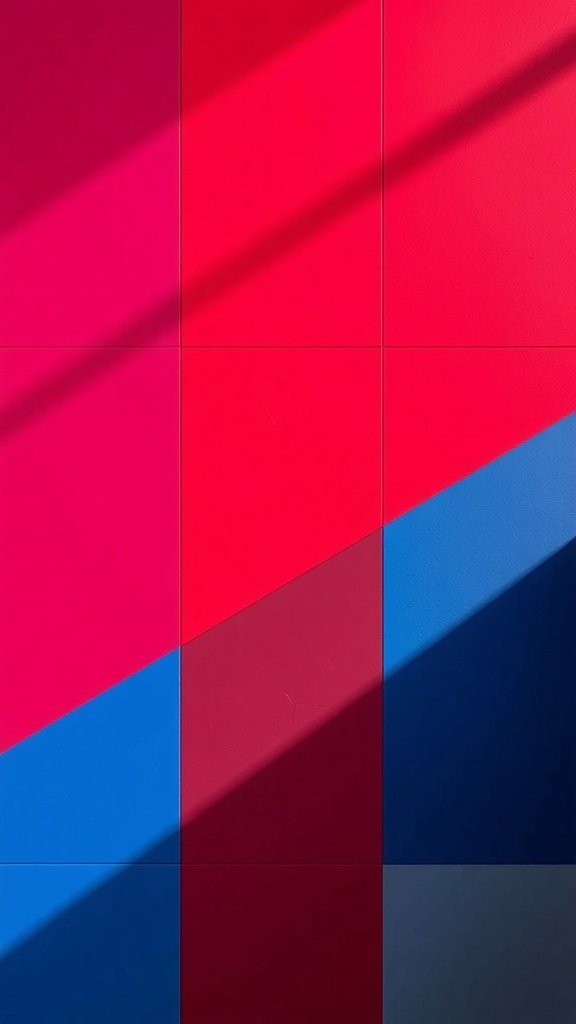 A wall featuring bold color blocks in shades of red and blue.