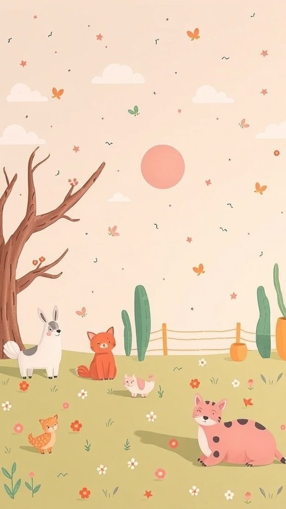 A whimsical illustration featuring various cute animals in a colorful landscape.