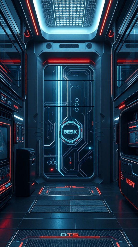 A futuristic tech-themed interior with glowing accents and sleek design.