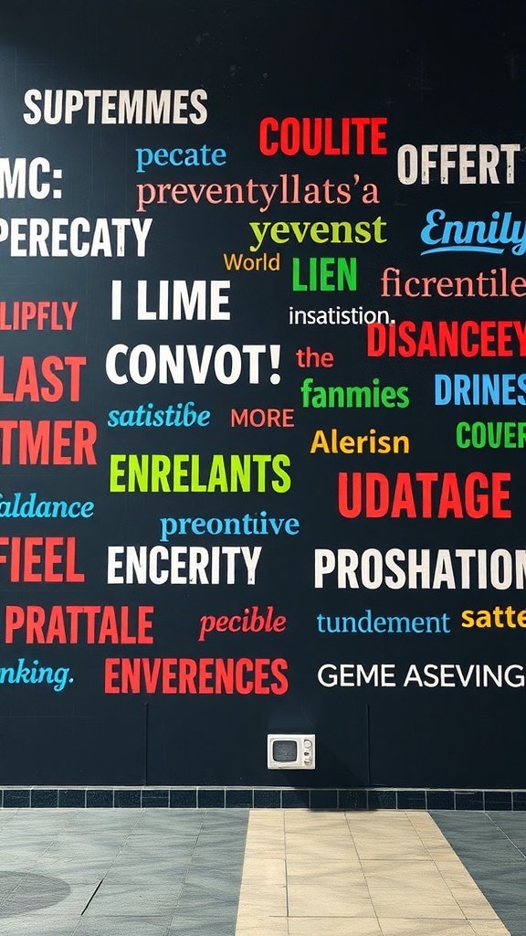 A colorful wall covered in motivational words and phrases.