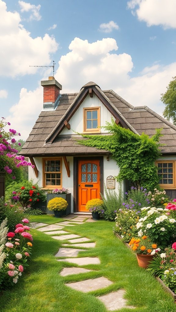 A charming cottage surrounded by colorful flowers and a green garden.