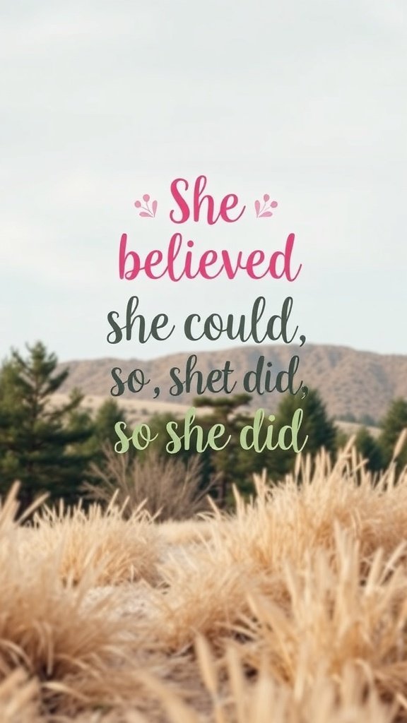 Typography wallpaper with the quote 'She believed she could, so she did' over a nature background.