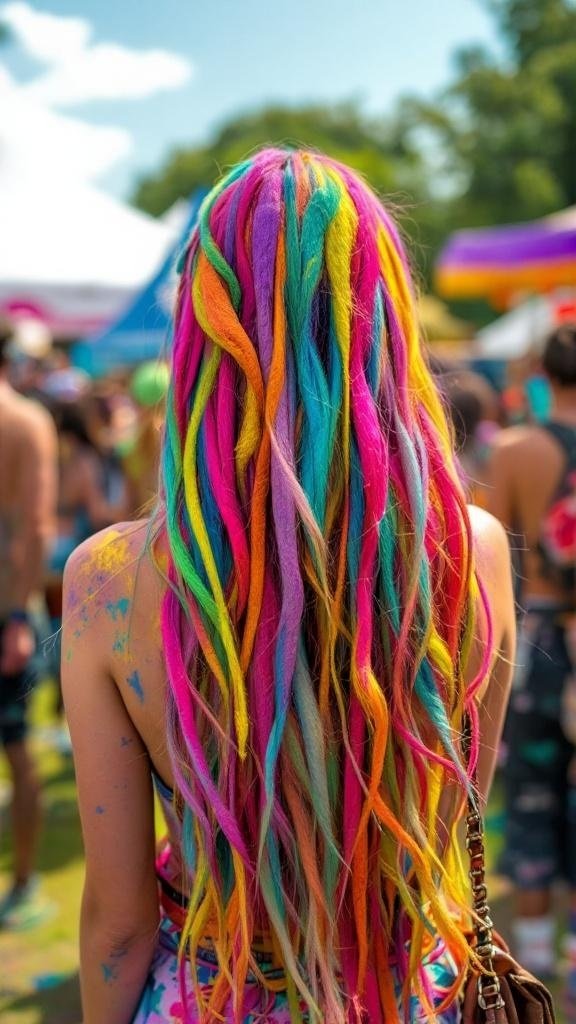 A person with long hair styled with colorful hair chalk in vibrant shades.