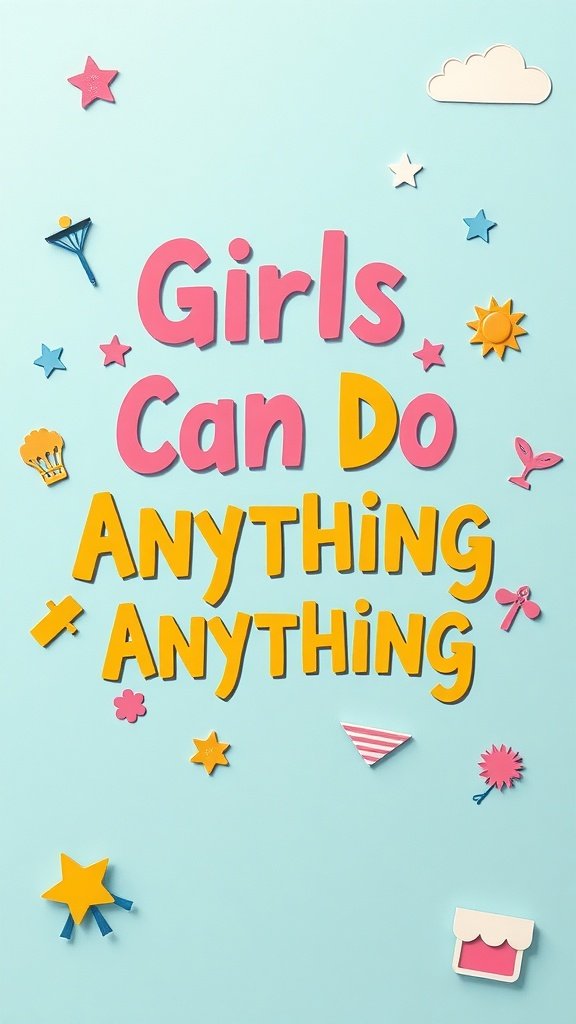Colorful typography wallpaper saying 'Girls Can Do Anything' with playful decorations.
