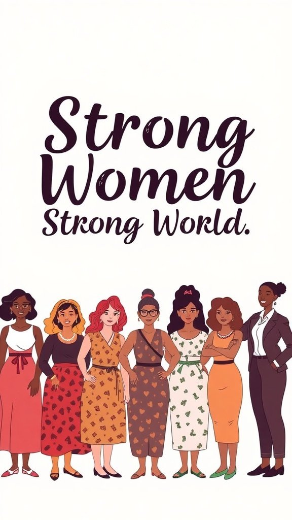Illustration of diverse women standing together with the text 'Strong Women, Strong World.'