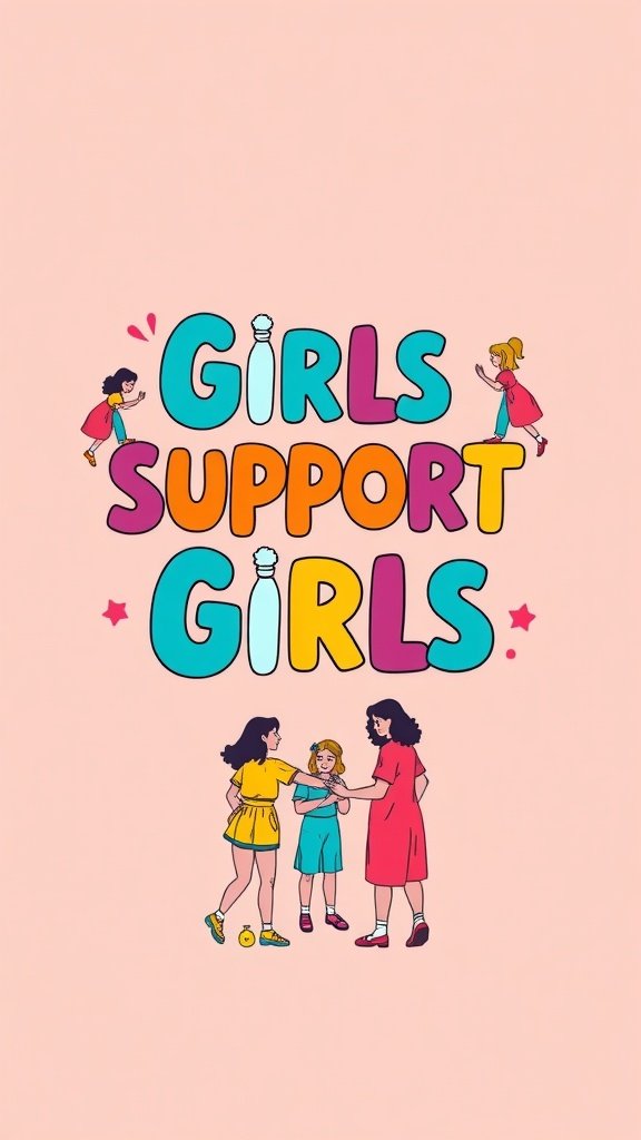 Colorful wallpaper with the text 'Girls Support Girls' and illustrations of girls supporting each other.