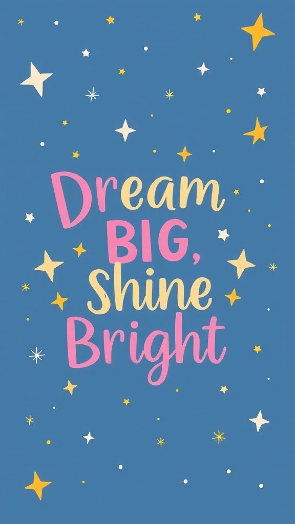 Typography wallpaper with the phrase 'Dream Big, Shine Bright' surrounded by stars.