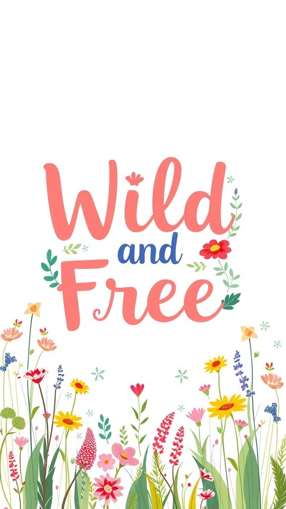Typography wallpaper featuring the words 'Wild and Free' surrounded by colorful flowers.