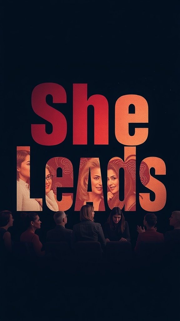 Typography wallpaper featuring the phrase 'She Leads' with images of women in leadership roles.