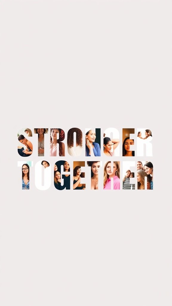Typography wallpaper featuring the phrase 'Stronger Together' with images of diverse women.