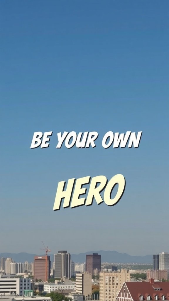 Typography wallpaper with the phrase 'Be Your Own Hero' against a clear blue sky and city skyline.