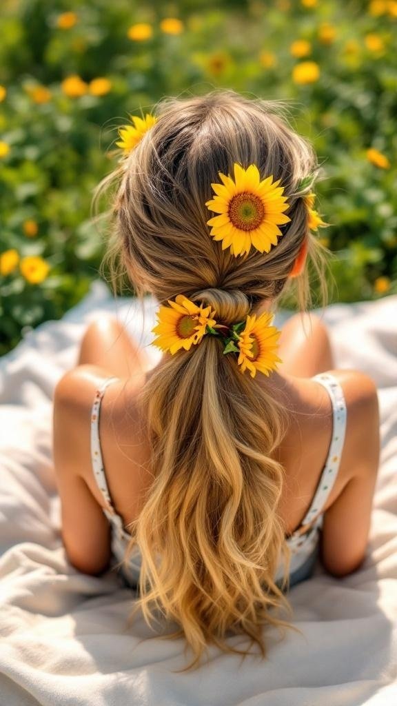 A woman with a sunflower side ponytail, sitting on a blanket in a field of sunflowers.