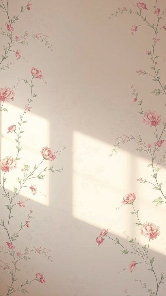 Delicate floral wallpaper with pink roses and green vines on a light background.