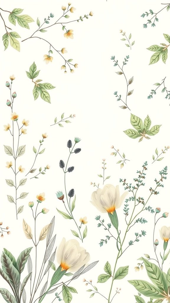 A collection of gentle botanical illustrations featuring flowers and leaves.