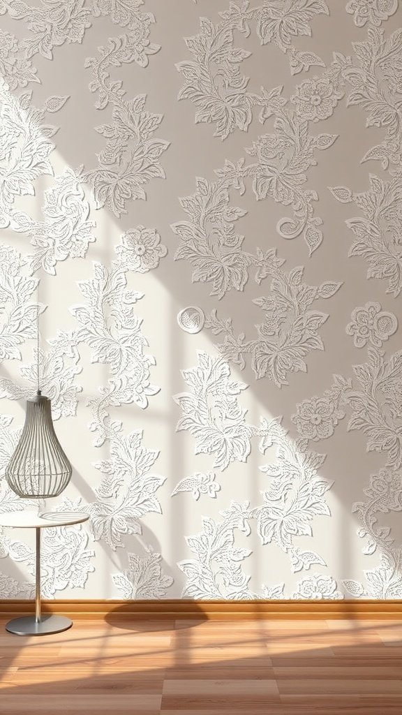 A wall featuring intricate lace and floral motifs in soft white tones.