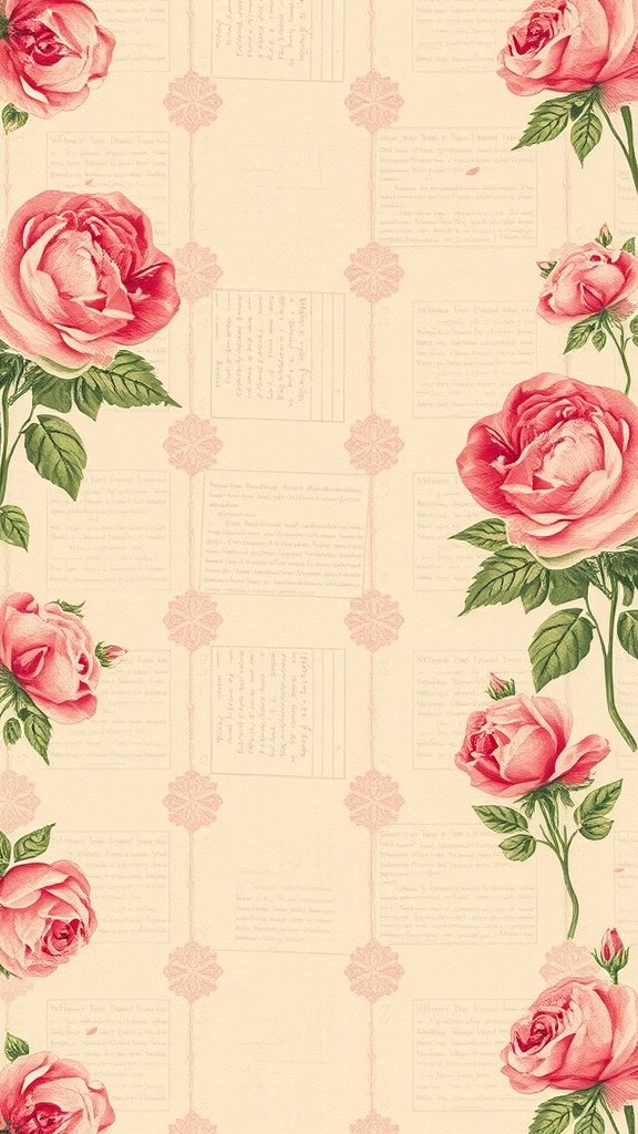Vintage rose wallpaper featuring soft pink roses on a light background with handwritten notes.