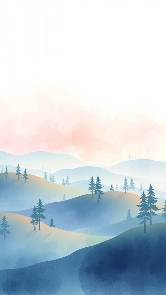 A serene watercolor landscape featuring soft hills and trees in gentle colors.