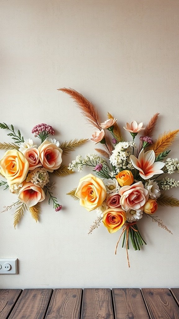 A collection of rustic floral bouquets featuring soft-colored roses and delicate flowers against a neutral background.
