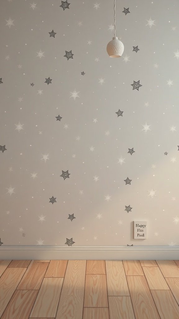 A softly printed wallpaper featuring delicate stars on a light background, with wooden flooring and a pendant light.