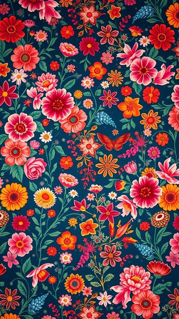 A vibrant bohemian floral wallpaper featuring various colorful flowers and greenery.