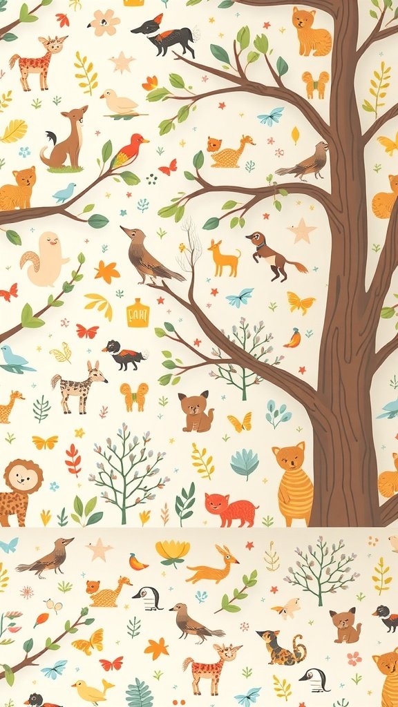 A colorful illustration of various whimsical animals and plants on a tree.