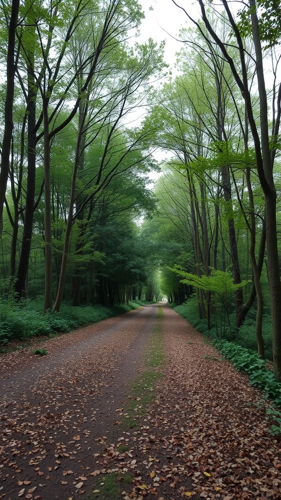 A serene forest pathway lined with trees and fallen leaves.
