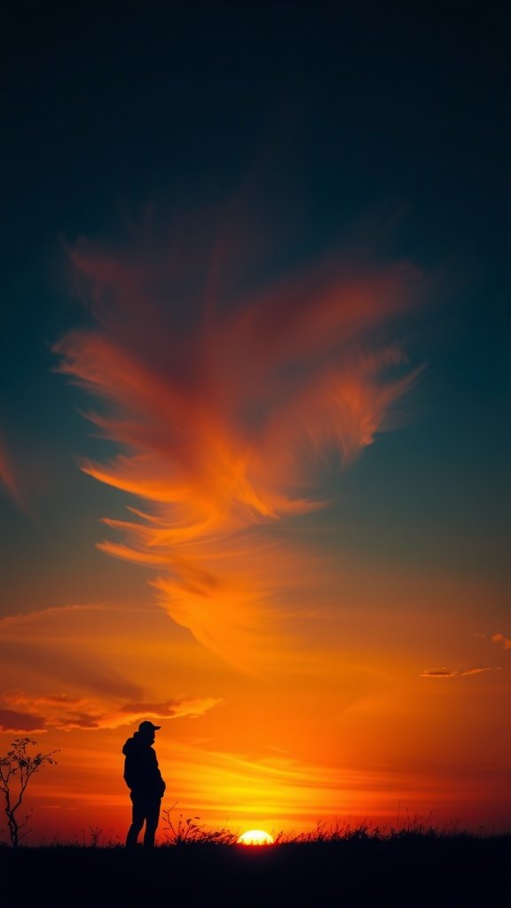 A silhouette of a person against a vibrant sunset sky with colorful clouds.