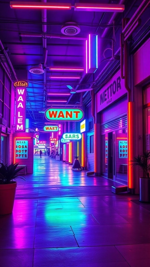 A vibrant alleyway illuminated by retro neon lights in various colors.