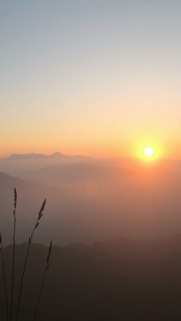 A serene sunset over mountains, creating a calming atmosphere.
